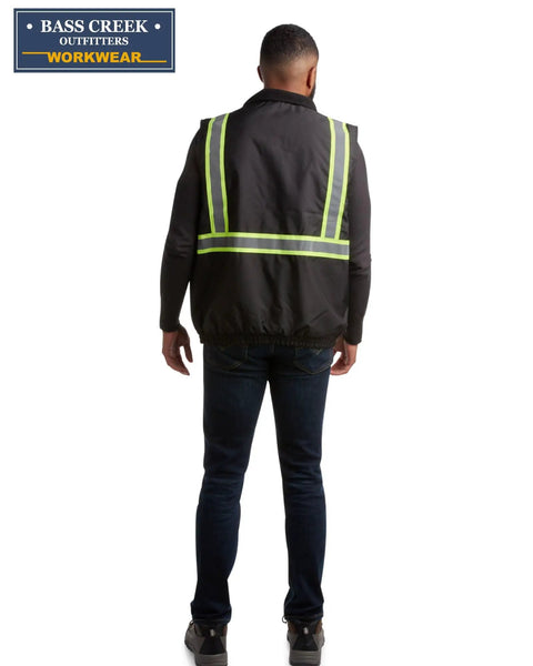 Back view of man wearing Hi Vis Yellow Insulated Safety Vest For Men With Reflective Tape Construction Workwear High Visibility Vest