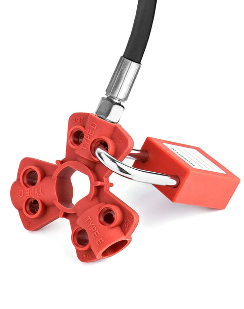 Pneumatic Quick-Disconnect Lockout Kit Pack Of 6 Fits 1/4 In 3/8 In And 1/2 In Male Connectors With Rugged Nylon Construction shown in use