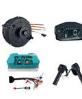 Hella Powerful 5000 Watt Mid Drive Motor Conversion Kit With Fardriver Controller parts, including motor, display, and wiring harness.