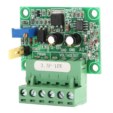 Plug And Play PWM To Analog Converter Module For PLCs Three Point Three Volt PWM To Zero To Ten Volt Output Digital To Analog Signal Converter For Industrial Grade Control Panels And Automation with green circuit board and connectors.