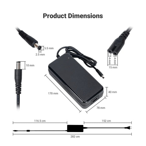 Dimensions of 48V 5A Power Supply for Home Audio Amplifiers and Bluetooth Stereo Receivers, showing connectors and size