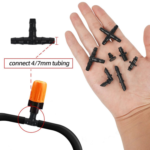 WISSXNA 300pcs irrigation fittings kit for 1/4 inch tubing; includes elbows, tees, end plugs, plastic 4-way connector