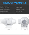 3 Inch Duct Fan Inline Mixed Flow Ventilation System with dimensions and specifications, 76 CFM High Efficiency Exhaust
