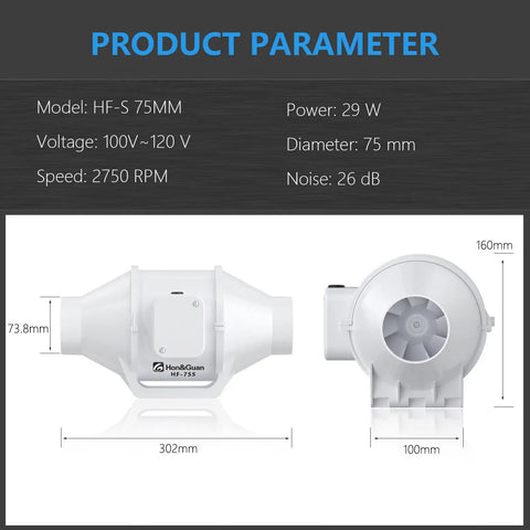3 Inch Duct Fan Inline Mixed Flow Ventilation System with dimensions and specifications, 76 CFM High Efficiency Exhaust