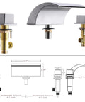 Roman Tub Faucet Brushed Nickel 2 Handle Widespread Bath Waterfall Deck Mount Tub Filler With Valve, diagram and dimensions shown.