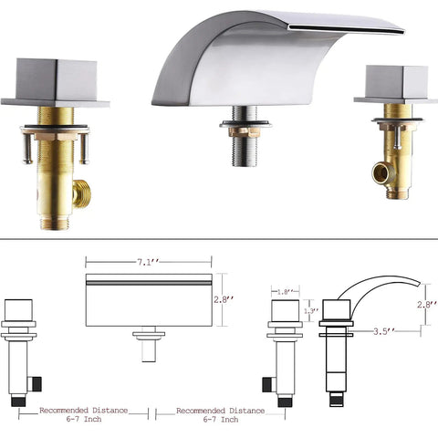 Roman Tub Faucet Brushed Nickel 2 Handle Widespread Bath Waterfall Deck Mount Tub Filler With Valve, diagram and dimensions shown.