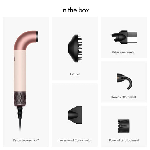 Supersonic Hair Dryer In Ceramic Pink And Rose Gold For Ultrafast Drying Lightweight Ergonomic Design With No Heat Damage And Smoother Styling Anywhere Like A Salon Session At Home, shown with attachments in box