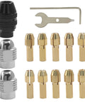 Keyless Drill Chuck Collet Set 15 Piece For Rotary Tools From One Thirty Second Inch To One Eighth Inch Shank with adapters and wrench