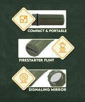 3 In 1 Green Waterproof Match Storage Box With Signaling Mirror And Firestarter Flint For Outdoor Survival Emergency Prep Features