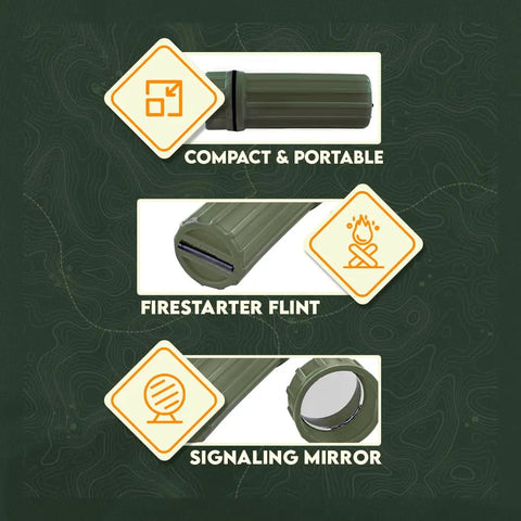 3 In 1 Green Waterproof Match Storage Box With Signaling Mirror And Firestarter Flint For Outdoor Survival Emergency Prep Features