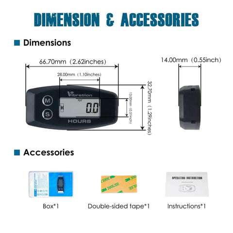 Cordless Vibration Hour Meter With Wireless Sensor Adjustable Sensitivity Levels Low Medium High Accurate Runtime Tracking And Triple Timer Alerts, 66.7mm x 32.7mm