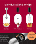 Ultra Power Immersion Hand Blender With 500W Motor And 8 Speed Turbo For Fast Blends Includes Blending Shaft Whisk Milk Frother And Measuring Beaker No Fuss Cleanup Perfect For Smoothies Soups And Beating Eggs with images of blender, milk frother, and whisk attachments