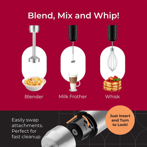 Ultra Power Immersion Hand Blender With 500W Motor And 8 Speed Turbo For Fast Blends Includes Blending Shaft Whisk Milk Frother And Measuring Beaker No Fuss Cleanup Perfect For Smoothies Soups And Beating Eggs with images of blender, milk frother, and whisk attachments