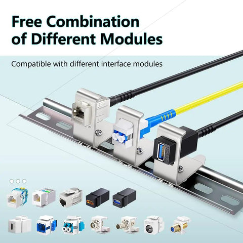 One Port Metal DIN Rail Mounting Module For Snap In Keystone Jacks Attaches To Standard 35 Millimeter DIN Rail With No Tools