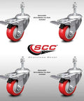 Built To Last And Rolls Like A Champ Heavy Duty Stainless Steel Polyurethane Caster Set With Three Inch Red Wheels swivel lock brakes.