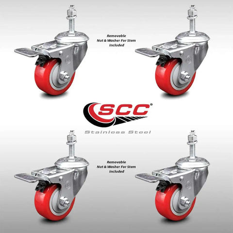 Built To Last And Rolls Like A Champ Heavy Duty Stainless Steel Polyurethane Caster Set With Three Inch Red Wheels swivel lock brakes.