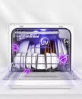 Sleek Fully Automatic Countertop Dishwasher With Uv Wash Cycle And Wall Mounted Design For Tight Counter Spaces showing clean dishes and UV sanitization.