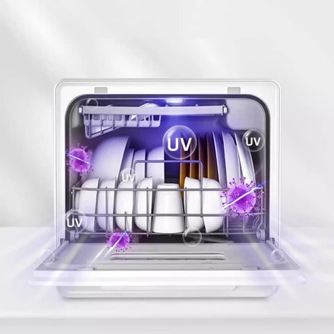 Sleek Fully Automatic Countertop Dishwasher With Uv Wash Cycle And Wall Mounted Design For Tight Counter Spaces showing clean dishes and UV sanitization.
