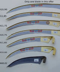 Selection of hand-forged Austrian scythe blades with varying sizes, lengths, and sweep options displayed on a plain background