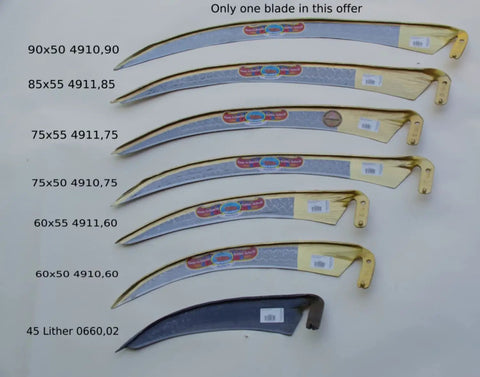 Various sizes of scythe blades displayed, highlighting the Hand Forged In Austria Scythe Blade With Curved Edge For Easy Harvest.