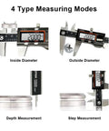 Digital Caliper Measuring Tool Built Tough With IP54 Waterproof Stainless Steel Body 6 Inch 150mm Electronic Vernier Caliper showing inside, outside, depth, and step measurements on LCD screen
