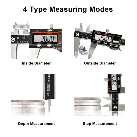 Digital Caliper Measuring Tool Built Tough With IP54 Waterproof Stainless Steel Body 6 Inch 150mm Electronic Vernier Caliper showing inside, outside, depth, and step measurements on LCD screen