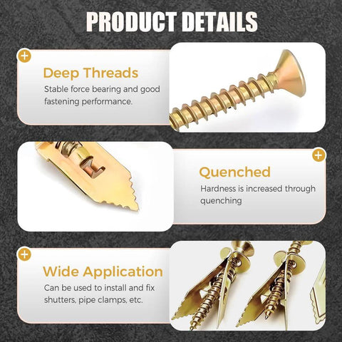 Self Drilling Drywall Anchors With Screws Kit Upgraded Heavy Duty No Drill Wall Drywall Grip Expansion Anchors Kit For Shelves Furniture Frames And Cabinets 20 Pieces 0.47 Inch By 1.57 Inch Quick Install No Pre Drilling Required showing deep threads, quenched hardness, and wide application features