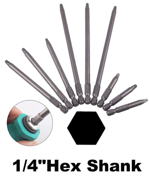 9 Pack One Quarter Inch Hex Shank Long Magnetic Square Head Screwdriver Bits Set for Pocket Hole Jigs shown in a fan layout