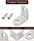 Heavy Duty Stainless Steel L Brackets Corner Braces 1 Inch Angle Connectors With Screws 20 Pack feature detailed image showing stainless steel right-angle brace and screws.