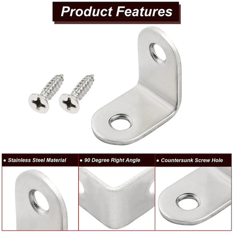 Heavy Duty Stainless Steel L Brackets Corner Braces 1 Inch Angle Connectors With Screws 20 Pack feature detailed image showing stainless steel right-angle brace and screws.
