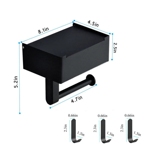 Super Handy Stainless Steel Wall Mounted Toilet Paper Holder With Hidden Shelf To Stash Flushable Wipes And Feminine Products, dimensions labeled