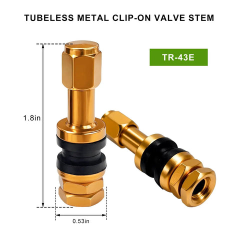 Two gold tubeless metal clamp in valve stems for 0.453 inch rim holes, shown with dimensions, rubber gaskets, and aluminum alloy build.