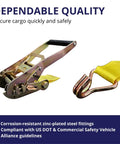Beefy Heavy Duty Ratchet Tie Down Straps 2 Inch By 15 Foot Set with J Hook showing zinc-plated fittings and yellow strap, 4 Pack