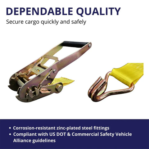 Beefy Heavy Duty Ratchet Tie Down Straps 2 Inch By 15 Foot Set with J Hook showing zinc-plated fittings and yellow strap, 4 Pack