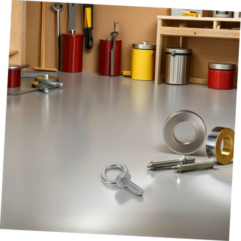 Heavy Duty M6x20 Stainless Steel Eye Bolts With Closed Ring For Hanging, Concrete Anchors And Lifting, Suspension, Rope Or Chain Mounts Built To Resist Corrosion In Tough Environments, Ideal For Workshop, Garage Or Construction Sites. Stainless steel eye bolts and anchors on a workbench.