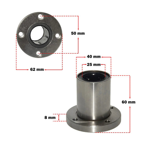 25mm Round Flange Linear Motion Bushing Ball Bearing LMF25UU For CNC And 3D Printer Guides, Carbon Steel Construction With 40mm OD