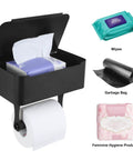 Toilet Paper Holder With Shelf In Matte Black SUS304 Stainless Steel Wall Mounted Tissue Storage with wipes, bag, and products.