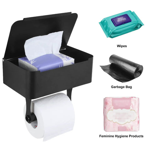Toilet Paper Holder With Shelf In Matte Black SUS304 Stainless Steel Wall Mounted Tissue Storage with wipes, bag, and products.