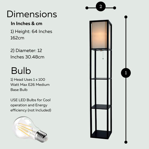Corner Floor Lamp With Shelves For Living Room And Bedroom Cozy Bookshelf Lamp With Wooden Shelves And White Cotton Linen Shade Black Finish