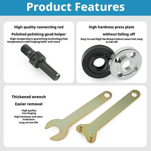 Conversion Angle Grinding Adapter Connecting Rod Kit with metal lock nut, shank mandrel, wrench, multicolor, product features
