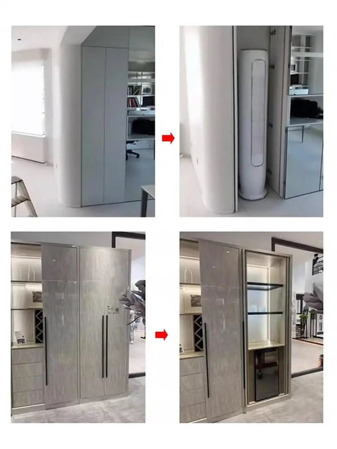 Heavy Duty Full Extension Drawer Slides For Swing Doors Space Saving Folding Track Wardrobe And TV Cabinet Gliders With Slick Rust Proof Metal Hinges And Quick Snap Install showcasing sliding door with hidden storage.