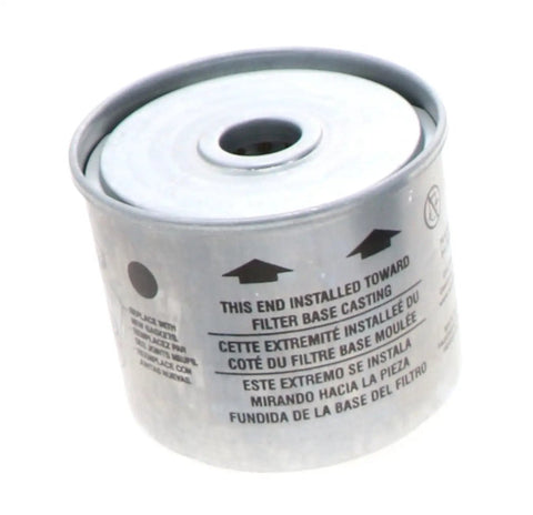 Premium Fuel Filter Replacement For CAV Fuel Systems, 10 Micron, shown with install direction markings and metal casing.