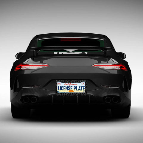 Rear view of a car with Dope Leopard Print License Plate Frames 2 Pack Aluminum Rustproof Waterproof Car Tag Frame With Screws And Caps