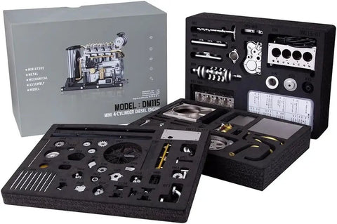 Dope 1 of 10 Scale Metal OHV Inline Four Engine Model Kit For DIY Builders, Realistic L4 Motor With Electric Drive, Cooling System, 300 Plus Parts, STEM Mechanical Engineering Project For Adults, Premium Display Model, boxed parts layout