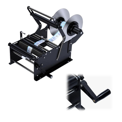 Handheld Adjustable Round Bottle Labeler For Smooth Glue Application, black metal label applicator with a crank handle, suitable for various containers.