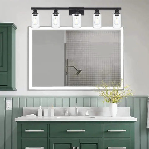 Farmhouse Style 5-Lights Vanity Sconce Set With Clear Glass Shades Black Metal Backplate Wall Lighting in bathroom