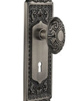 Old-School Vintage Privacy Door Hardware Set With Egg And Dart Plate And Keyhole, Victorian Style Privacy Knob, 2 3/8 Backset, Antique Pewter Finish, Solid Brass, Complete One Door Set For Restoration And Easy Install shown