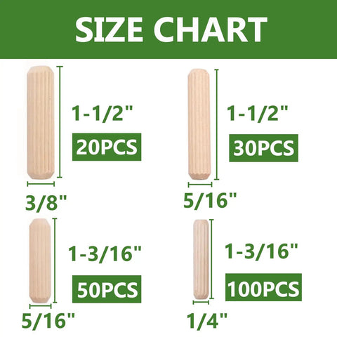Assorted 230 Pack 1/4 5/16 3/8 Inch Premium Fluted Wood Dowel Pins For Nailed It Joints Heavy Duty Carpentry Sticks Size Chart