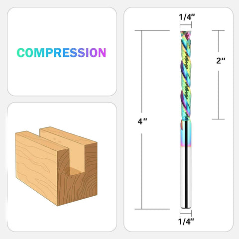Router bit, BINSTAK UP&Down compression, 1/4 in shank, 4 in overall length, 2 in cutting length, TAC-coated.