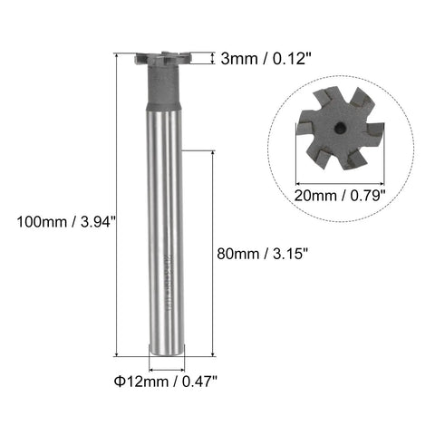 Heavy Duty T Slot Milling Cutter With 20mm Cutting Diameter And 3mm Depth, 12mm Shank, Tungsten Carbide Tip, 6 Flutes End Mill